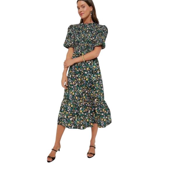 New Hyacinth House Black Multi Floral Smocked Samantha Midi Dress Large 2921-47 - Picture 1 of 13